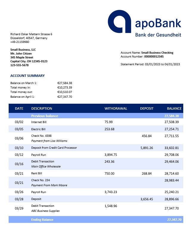 Modèle Word et PDF de relevé de compte d'entreprise Apobank